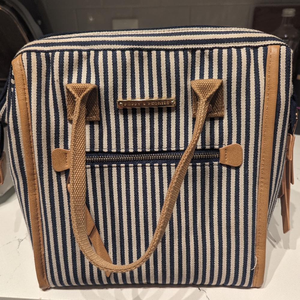 Poppy and Peonies insulated lunch bag lunch tote / cooler - navy stripe
